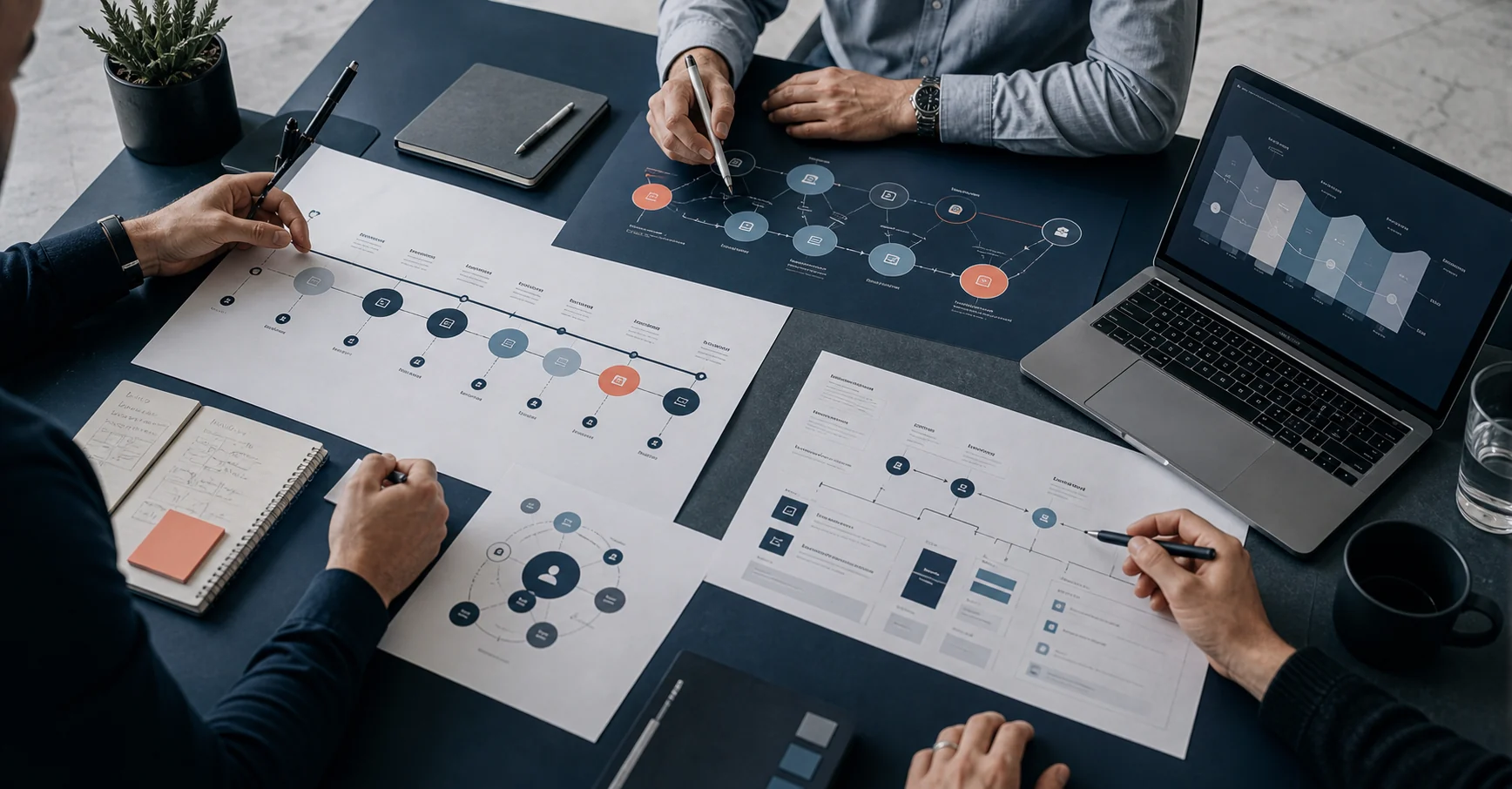 Business leaders mapping a connected marketing, CRM and revenue growth system